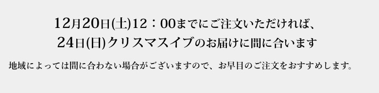 12月20日(土)12:00までにご注文いただければ、24日(日)クリスマスイブのお届けに間に合います